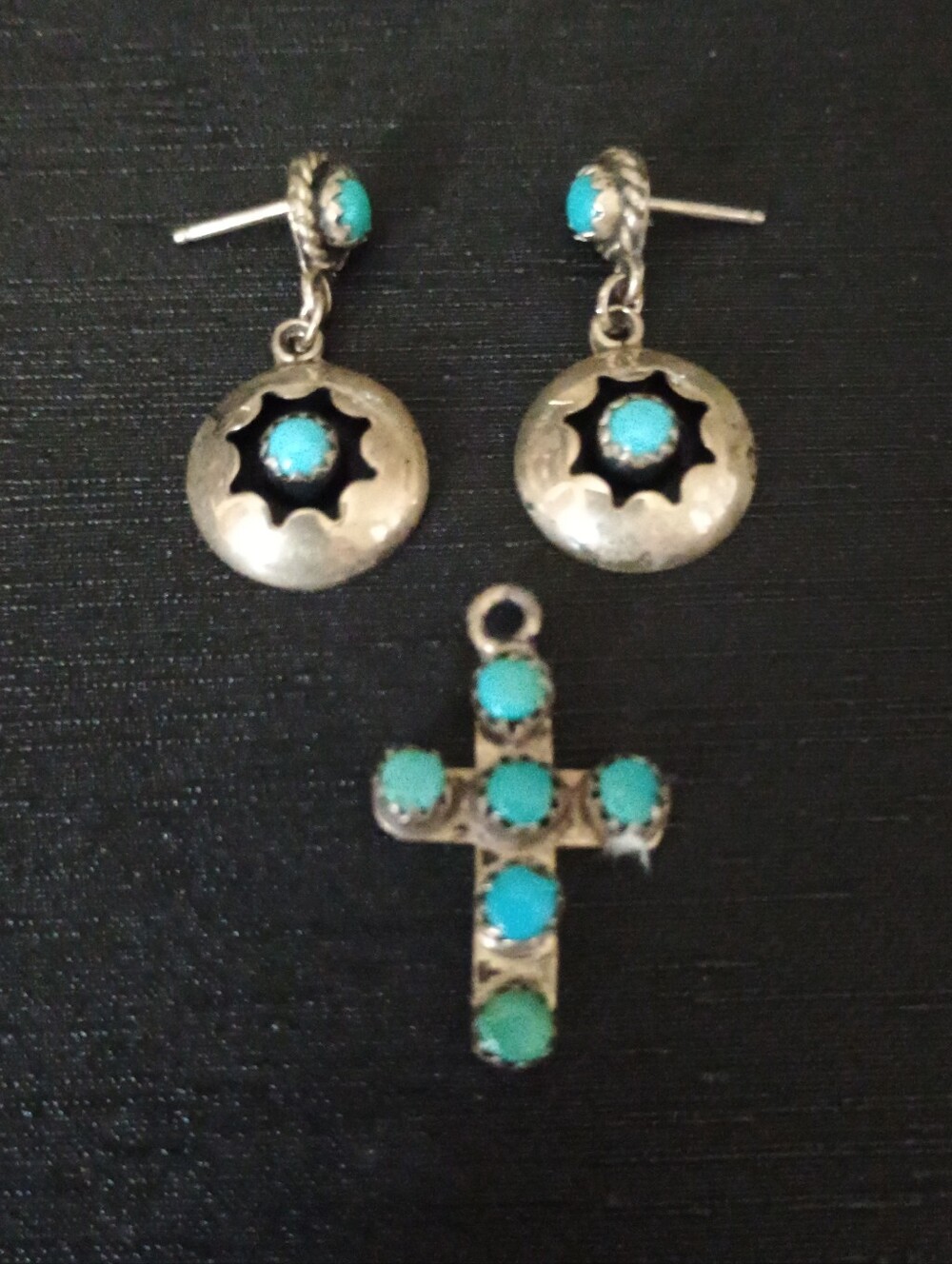 Vintage  Native American Turquoise  Silver Cross Pendant and Drop Earrings Set
